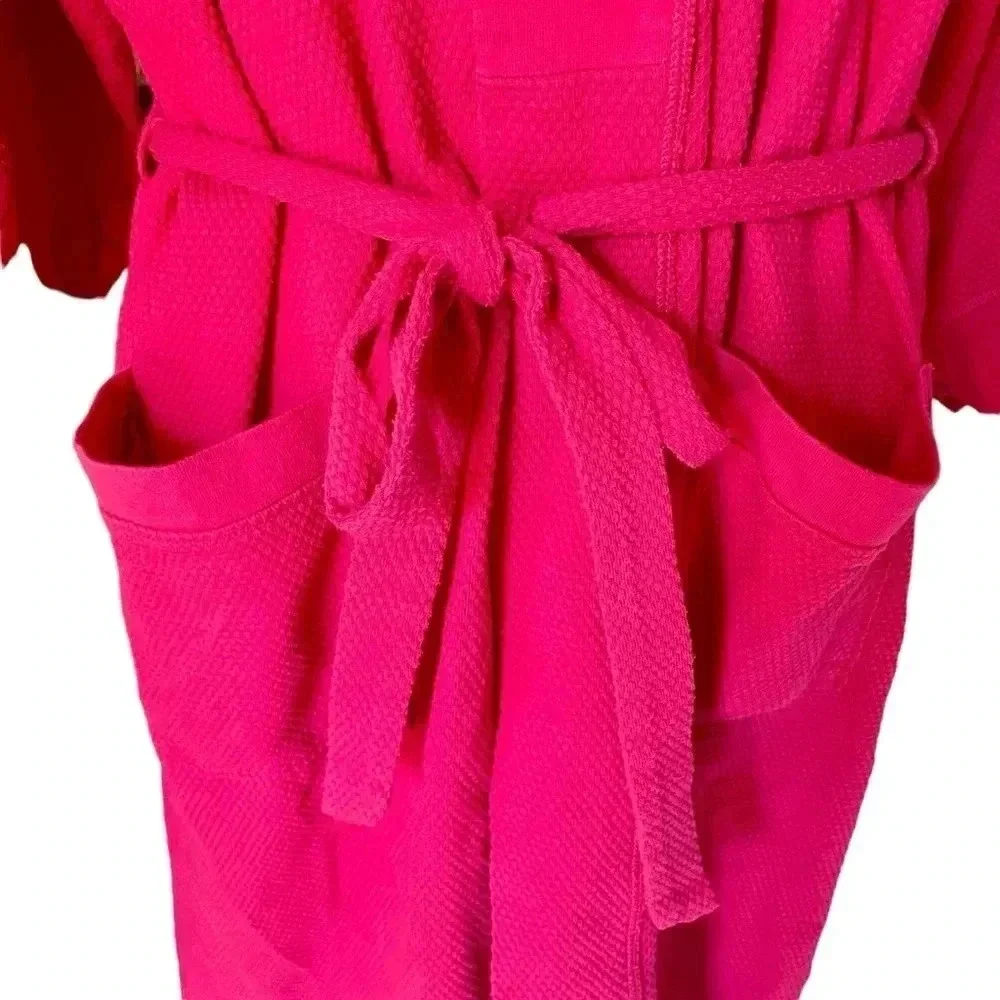 Natori Women Size L Bath Robe Textured Knit Hot Pink Belted Cotton Blend Pockets